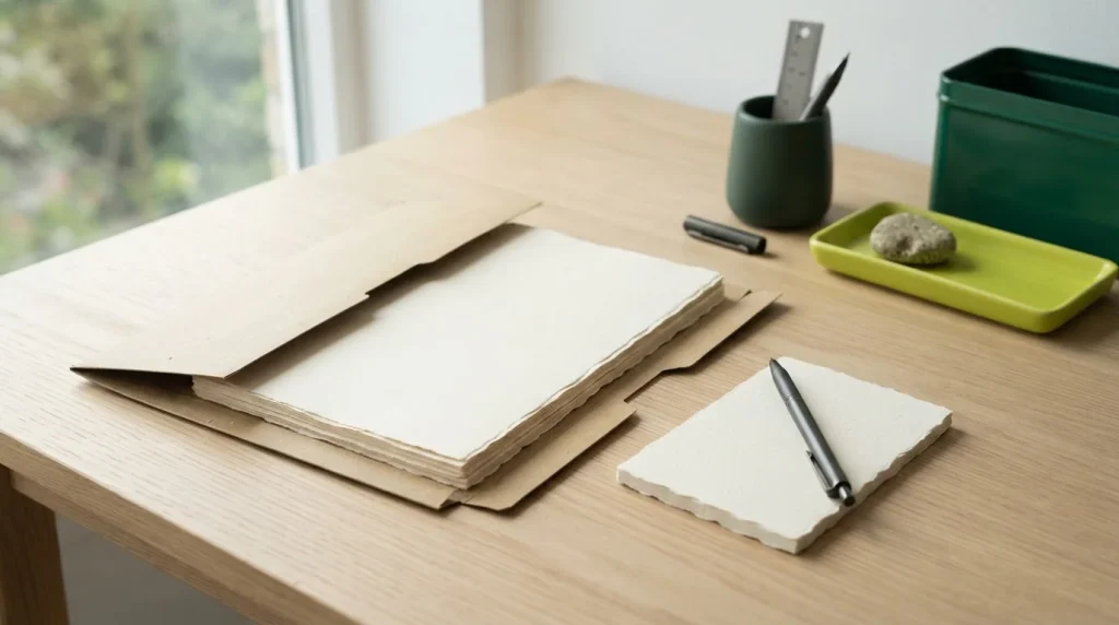 Dokumentenmappe mit geordneten Blättern, Notizblock und Stift auf einem Schreibtisch