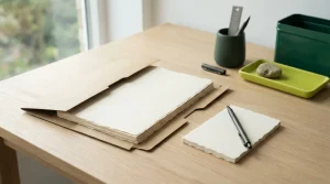Dokumentenmappe mit geordneten Blättern, Notizblock und Stift auf einem Schreibtisch
