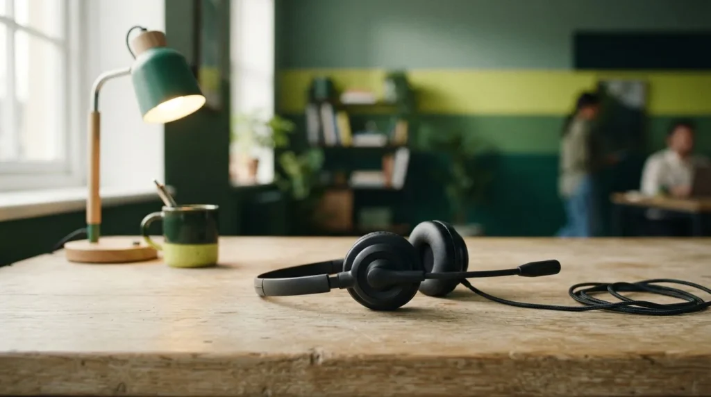 Ein schwarzes Headset liegt neben Notizbuch und Telefon auf einem Schreibtisch