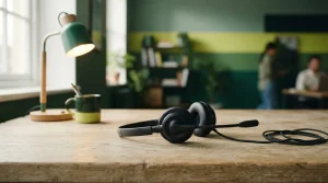 Ein schwarzes Headset liegt neben Notizbuch und Telefon auf einem Schreibtisch