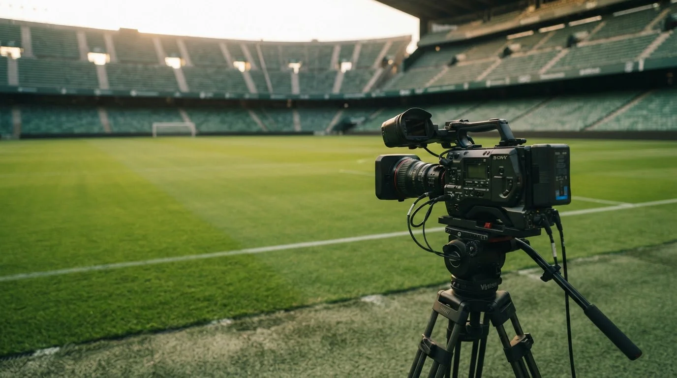 Fernsehkamera auf Stativ am beleuchteten Rand eines Fußballfeldes