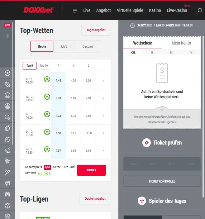 Sportwetten-Navigation der mobilen Browseransicht in deutscher Browserübersetzung