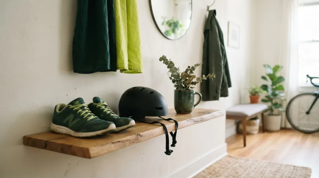 Sportschuhe, Fahrradhelm und Tasse stehen auf einer schlichten Holzbank