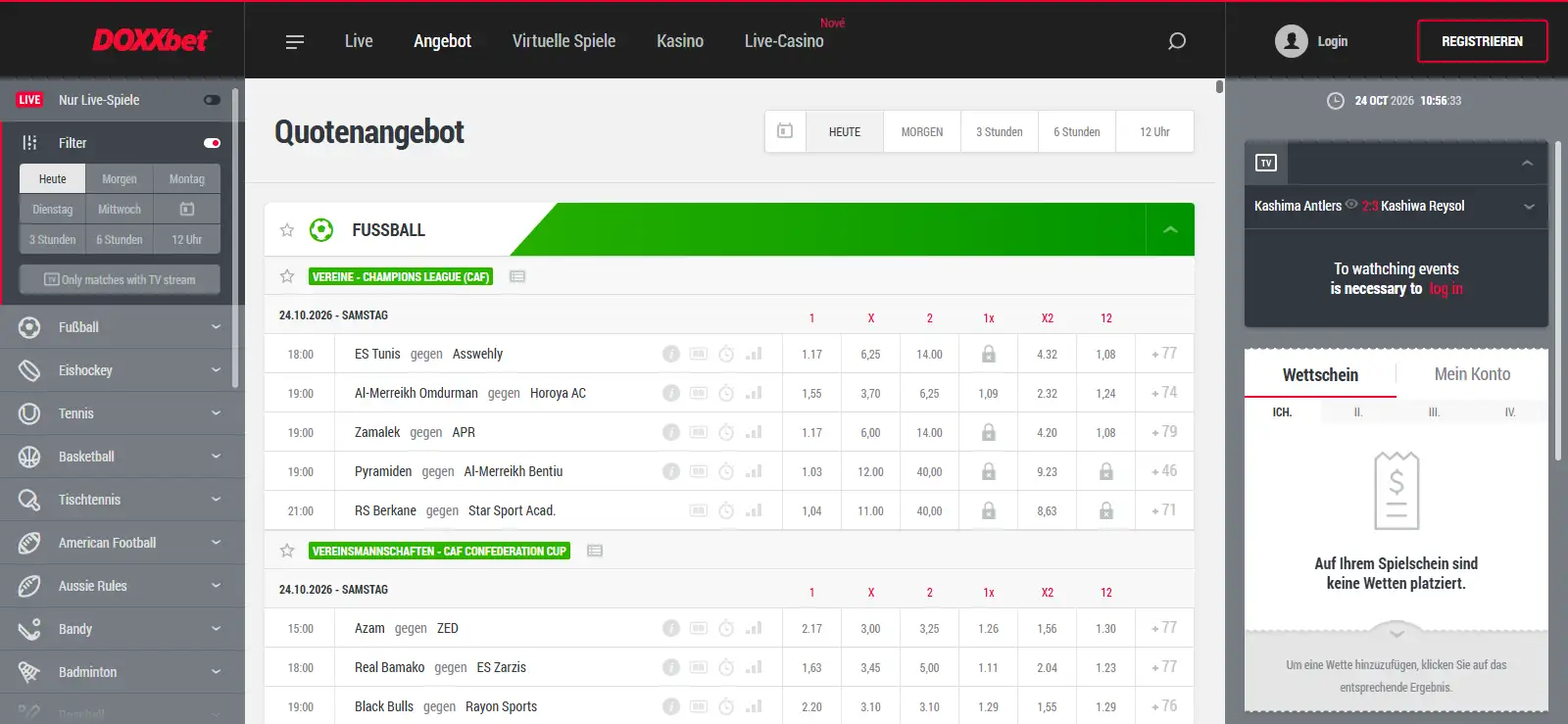 Sportwetten-Navigation und Wettmärkte des Anbieters in deutscher Browserübersetzung
